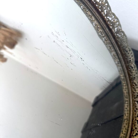 Vintage Ormolu Gold Filigree Oval Vanity Mirror Tray 1960s 1970s Dresser Display - Picture 3 of 9